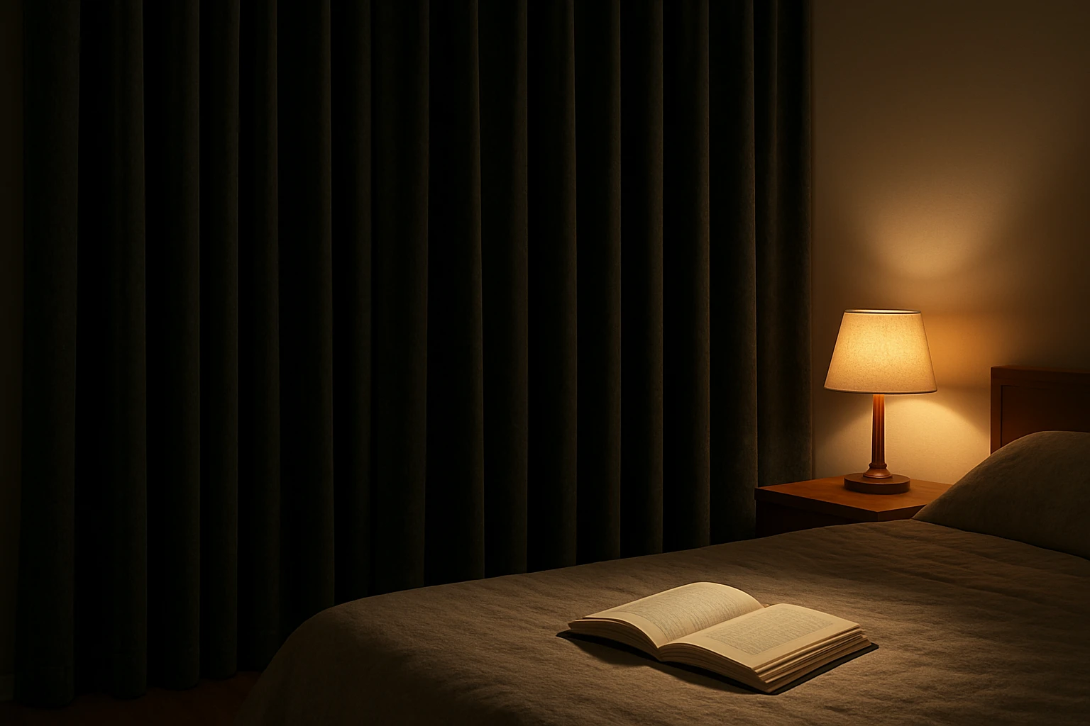 Soundproof curtains closed in bedroom