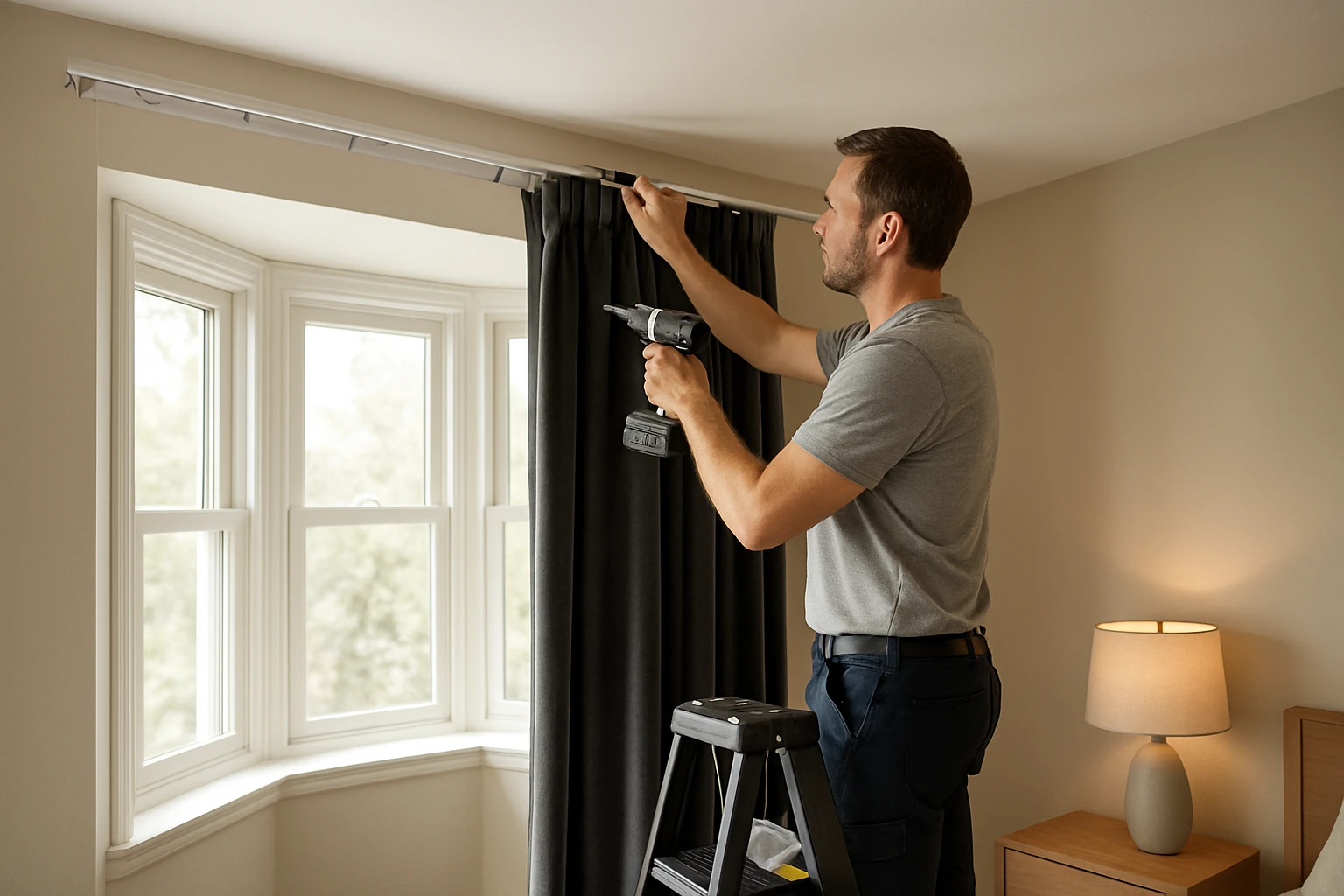 Soundproof curtains installed over bay window