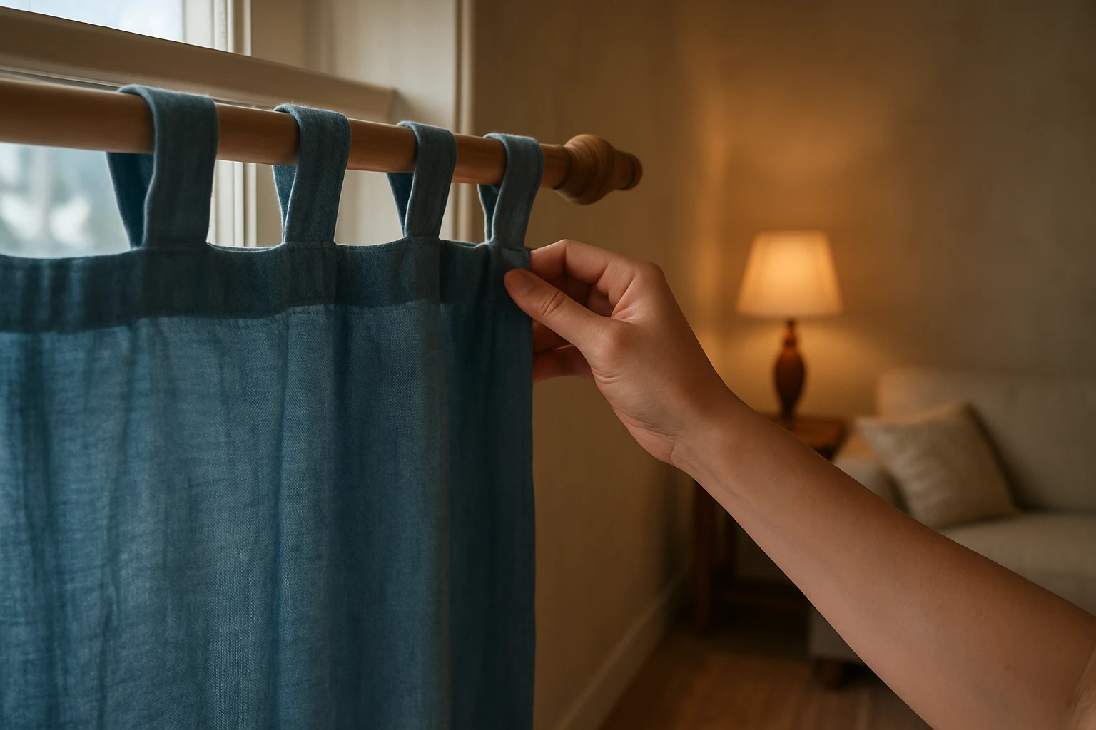 Tab top curtains in blue cottage living room