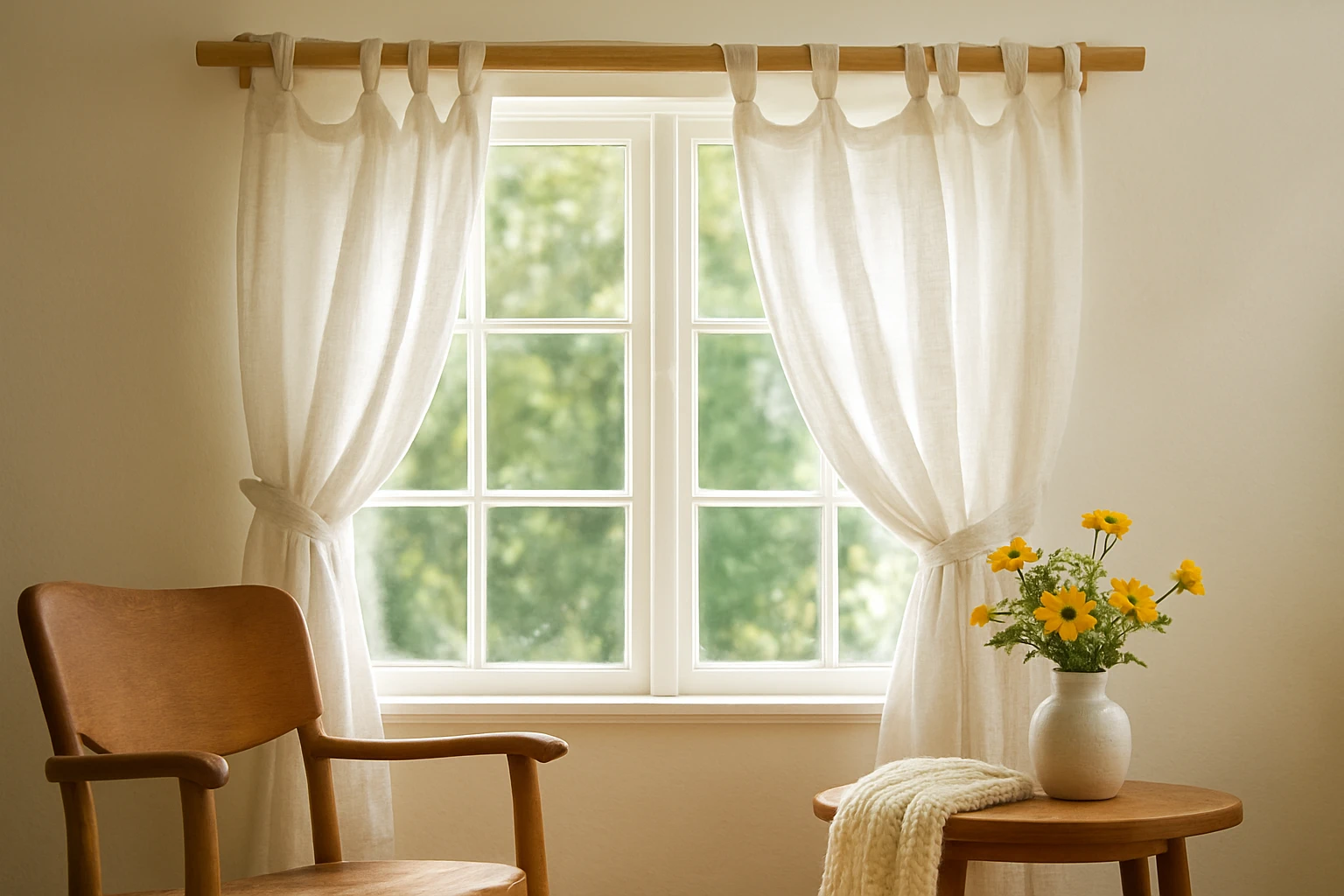Tie top curtains in bright cottage living room