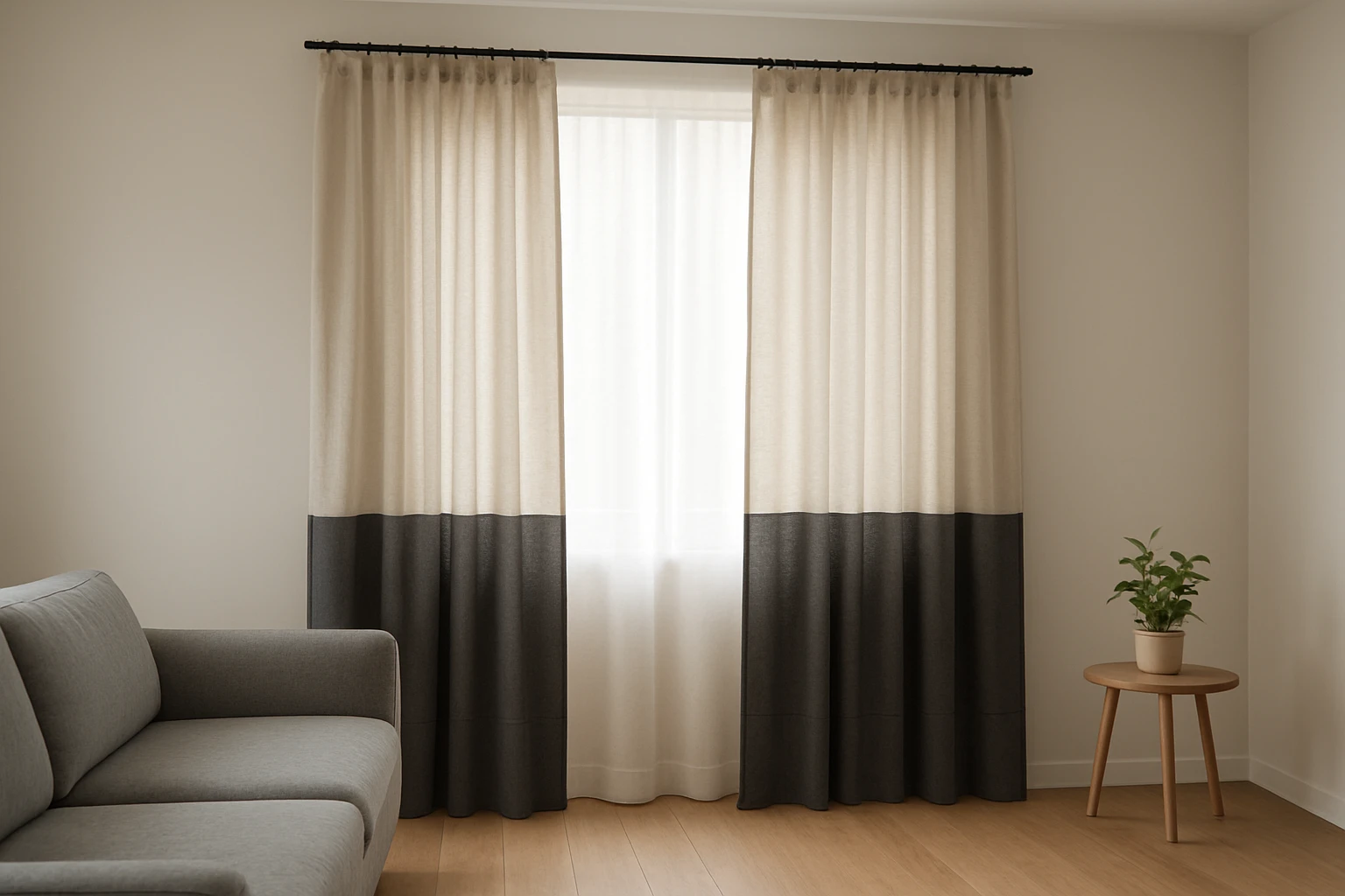 Two tone curtains in contemporary living room