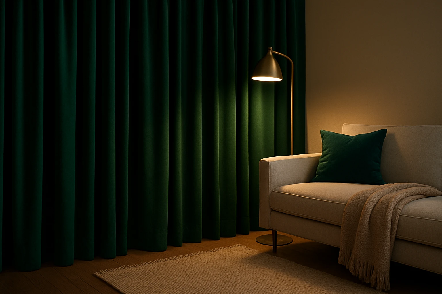 Velvet blackout curtains in emerald living room