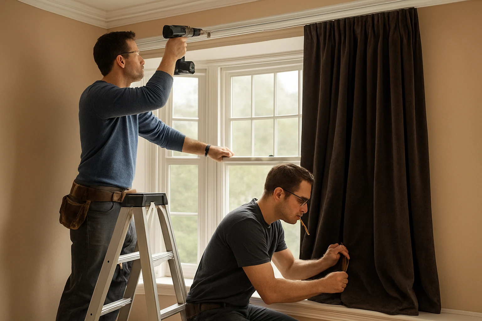 Velvet curtain installation on bay window