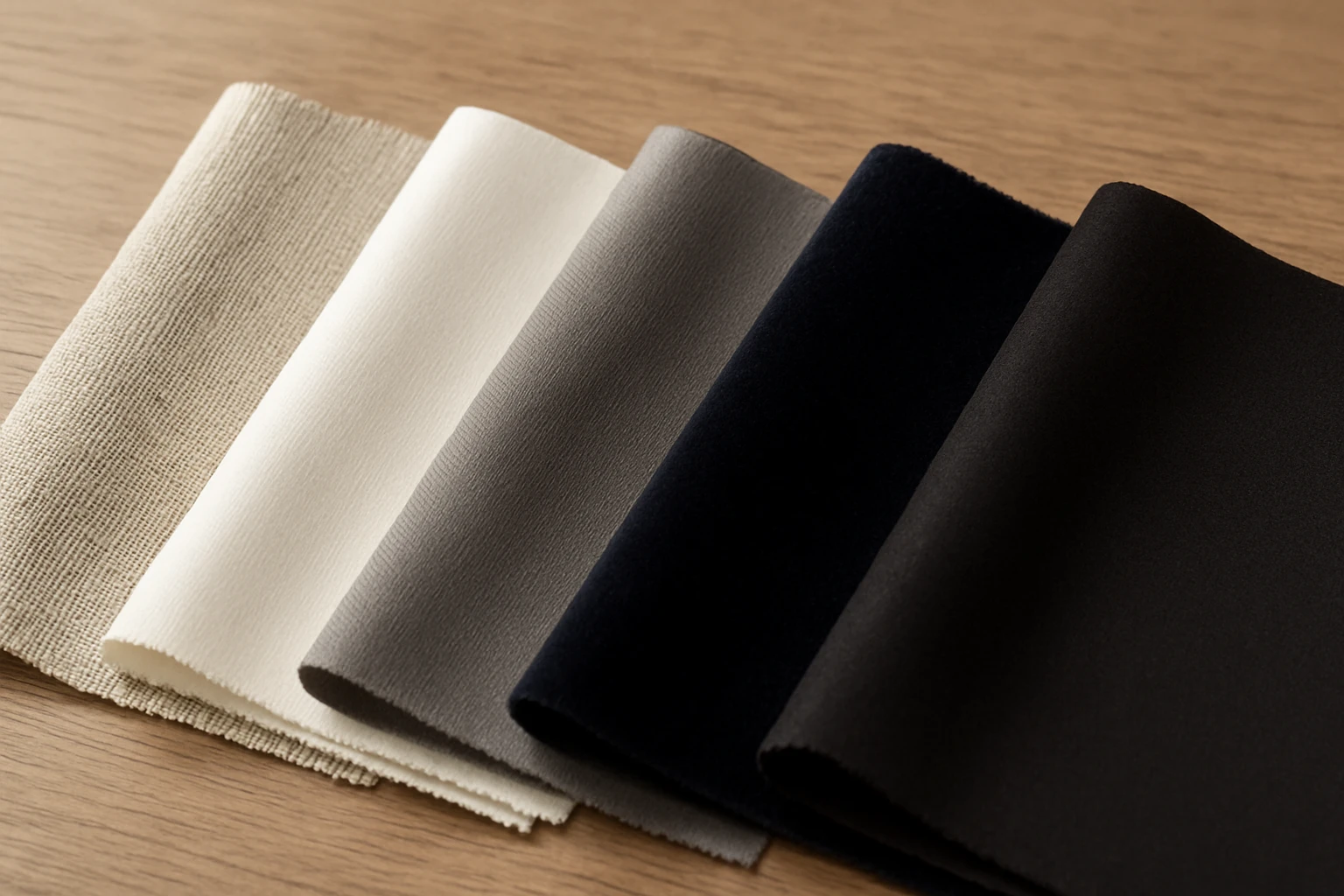 Window curtain fabric swatches on table