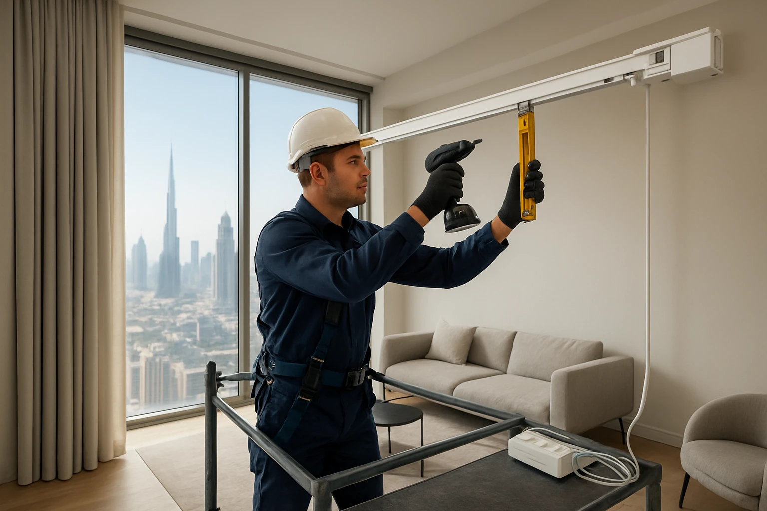 Window curtains being installed on tall window