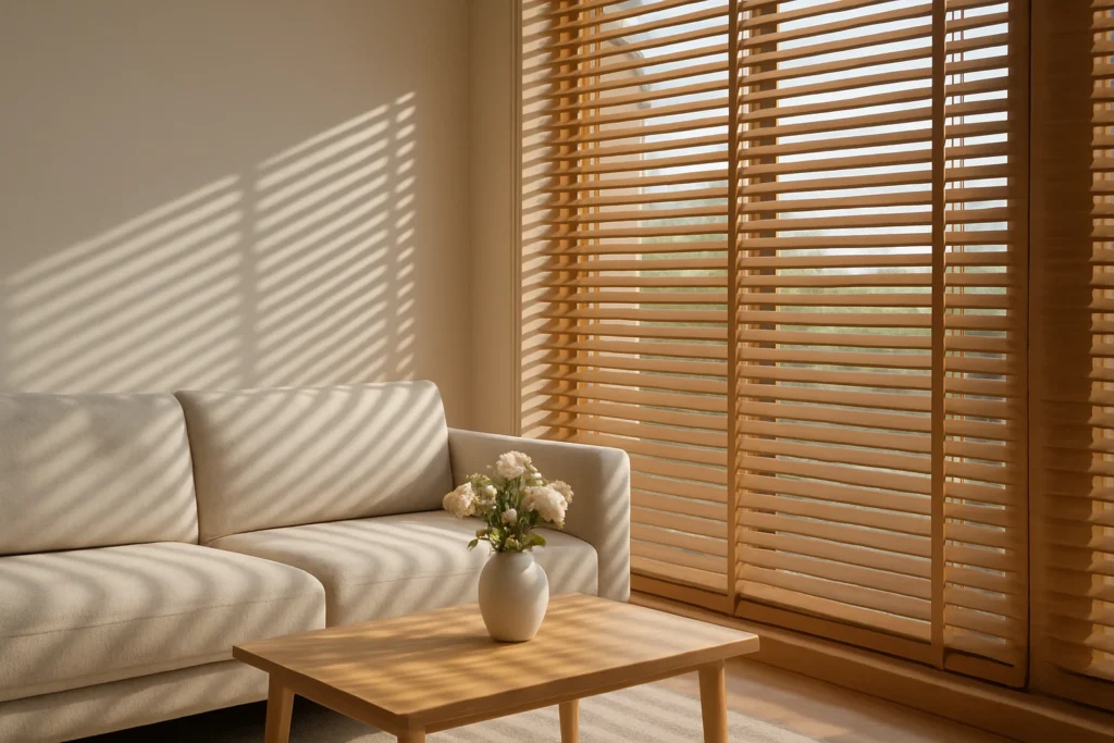 Wooden venetian blinds in living room