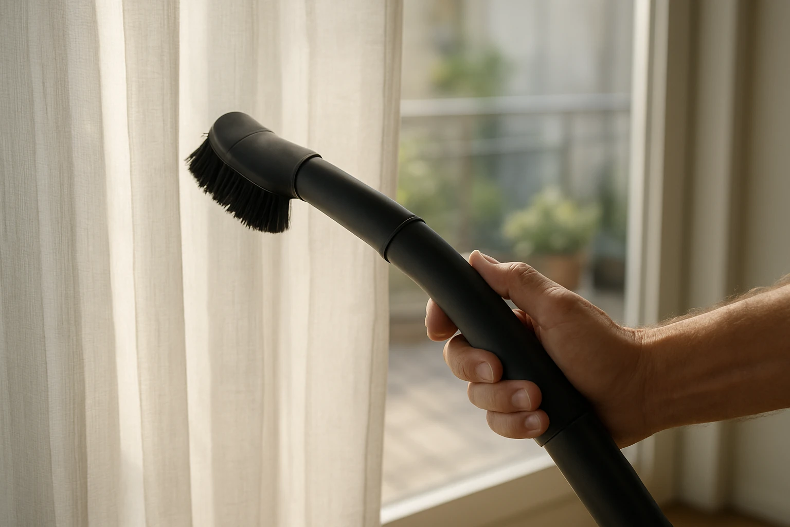 Curtains being vacuumed near sliding door