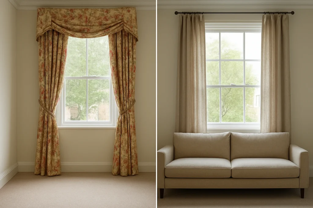 Curtains with ornate and simple window treatments