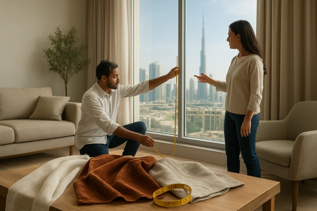 Custom curtains being measured in Dubai
