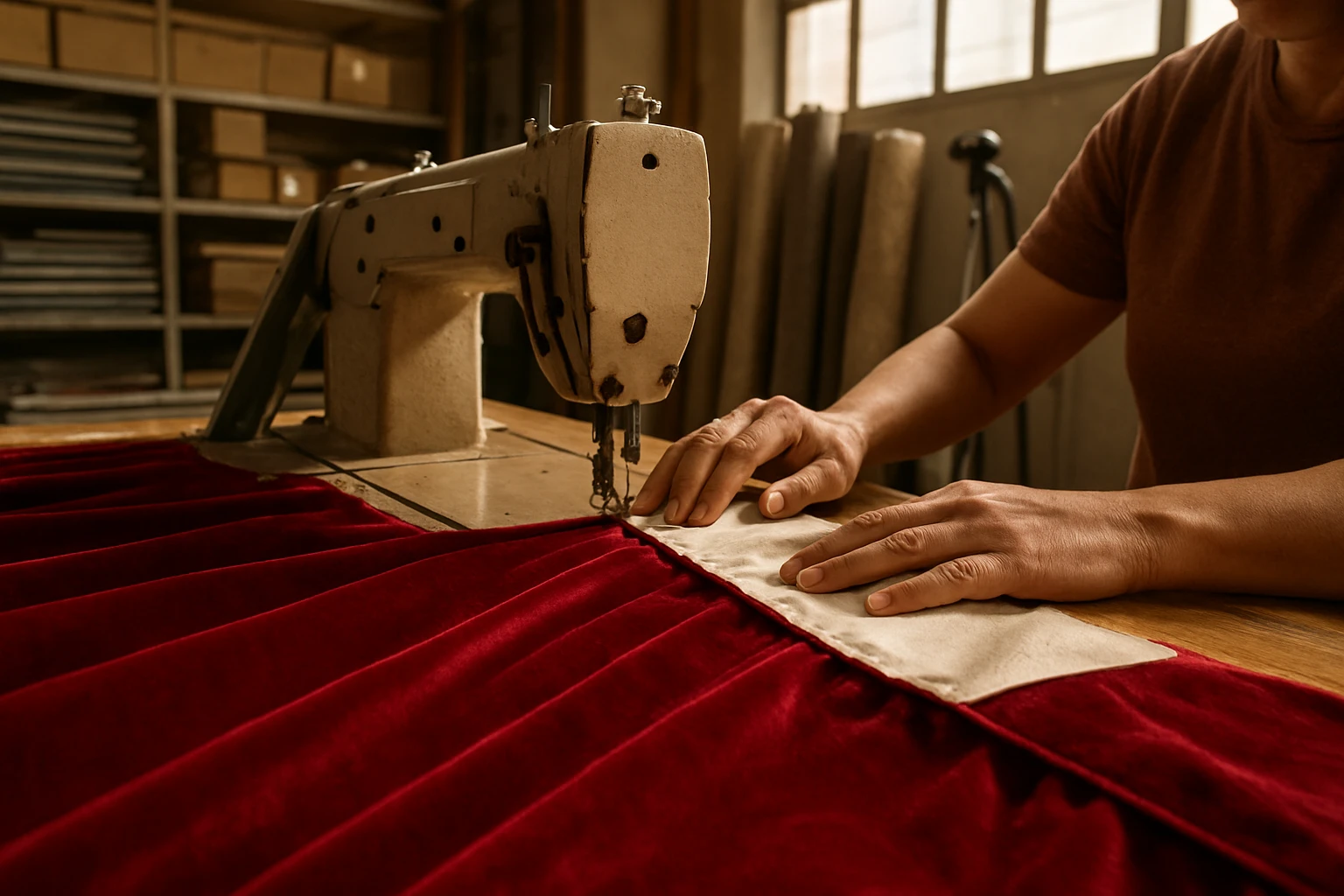 Custom velvet curtains being sewn