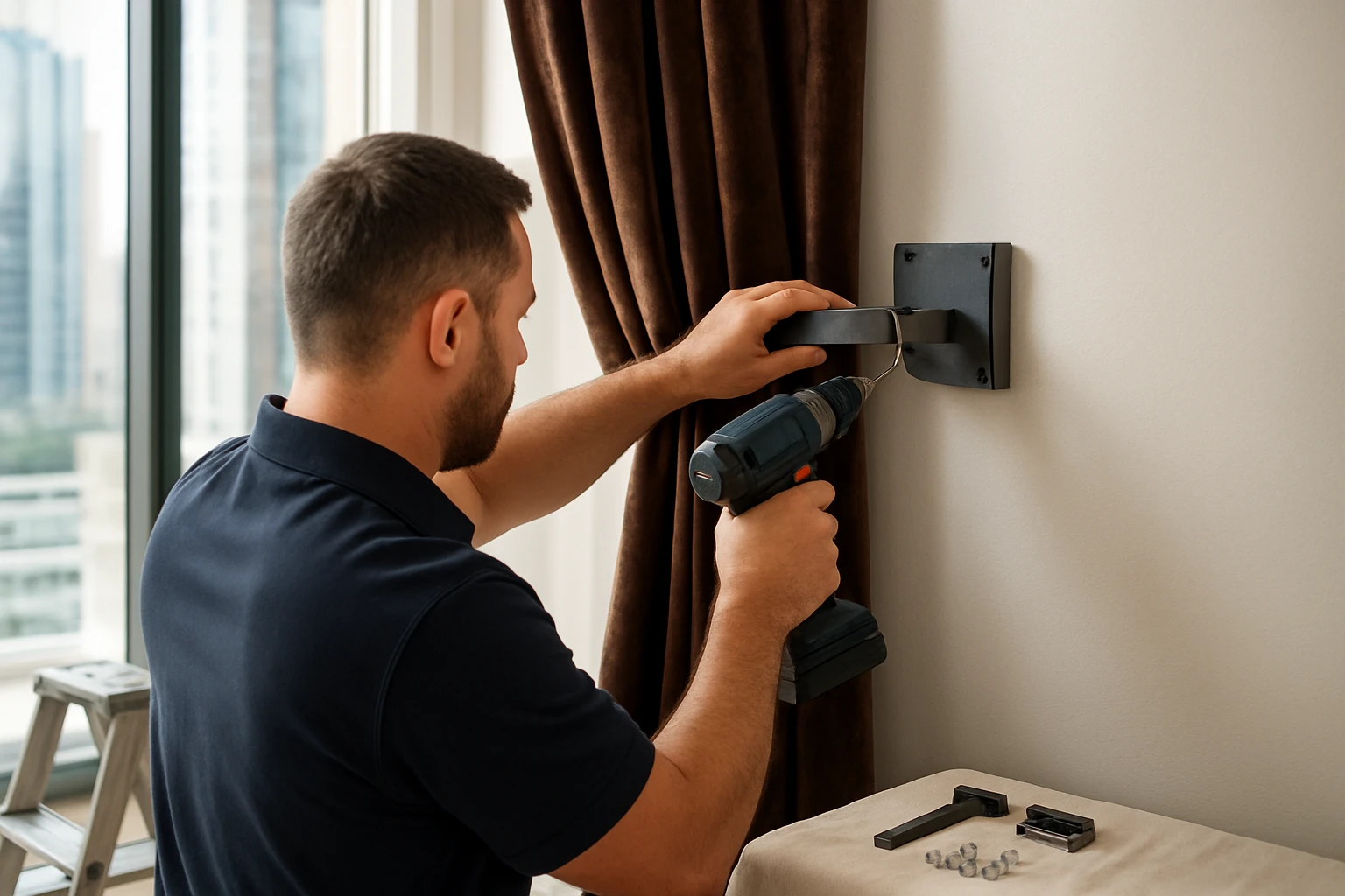 Heavy velvet curtain being installed with drill