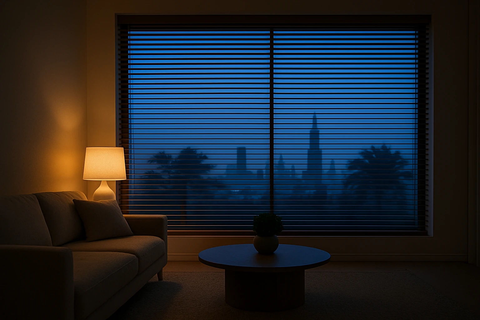 Horizontal wooden blinds in Dubai living room