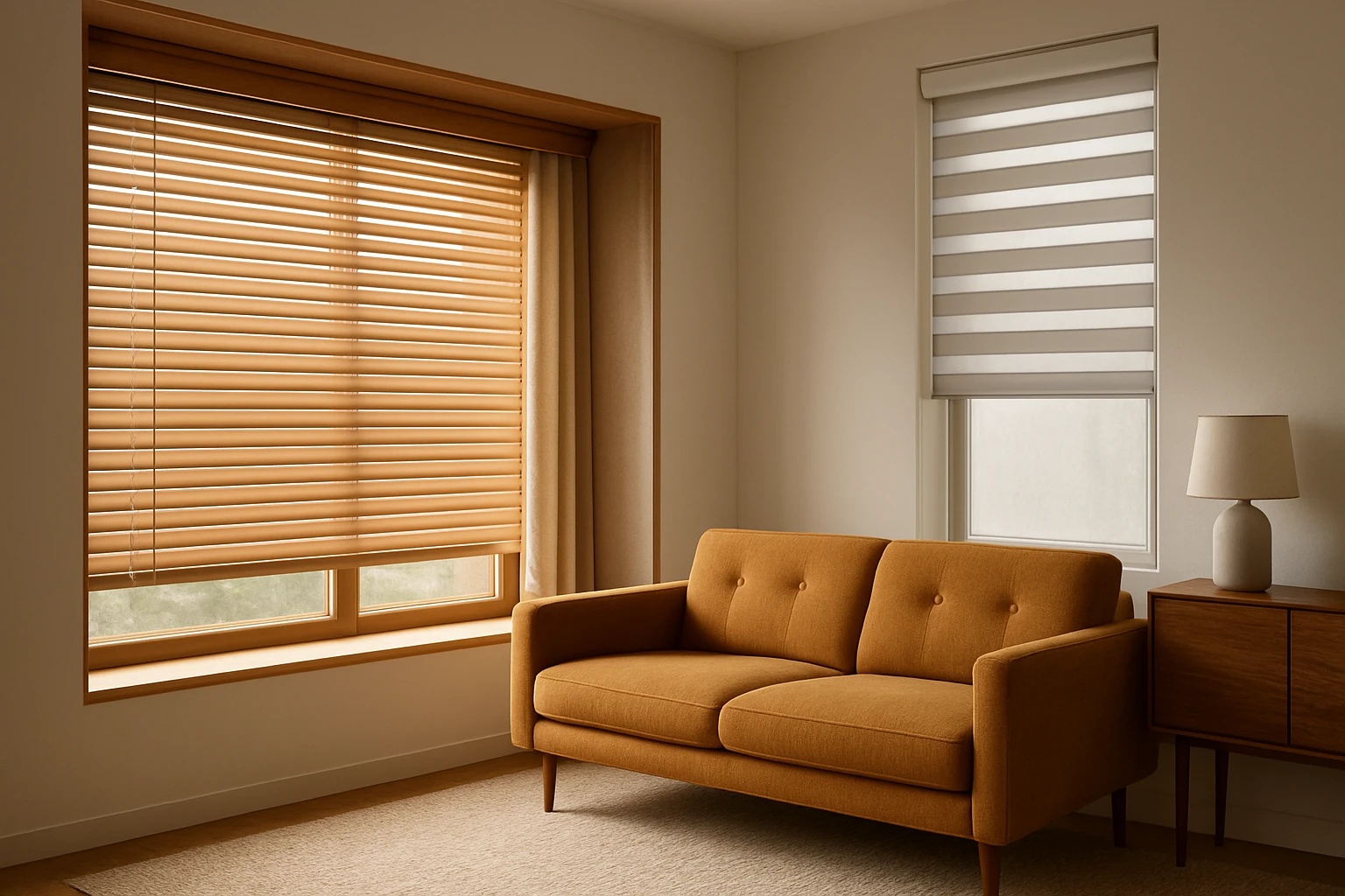 Layered blinds with wood Roman and zebra