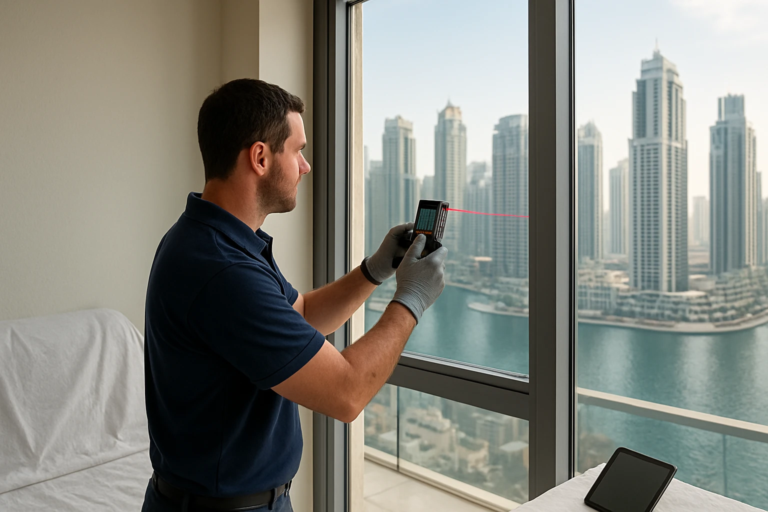 Privacy blinds measuring high rise window