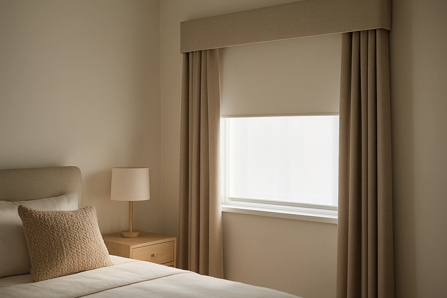 Roller blind with pelmet and panels