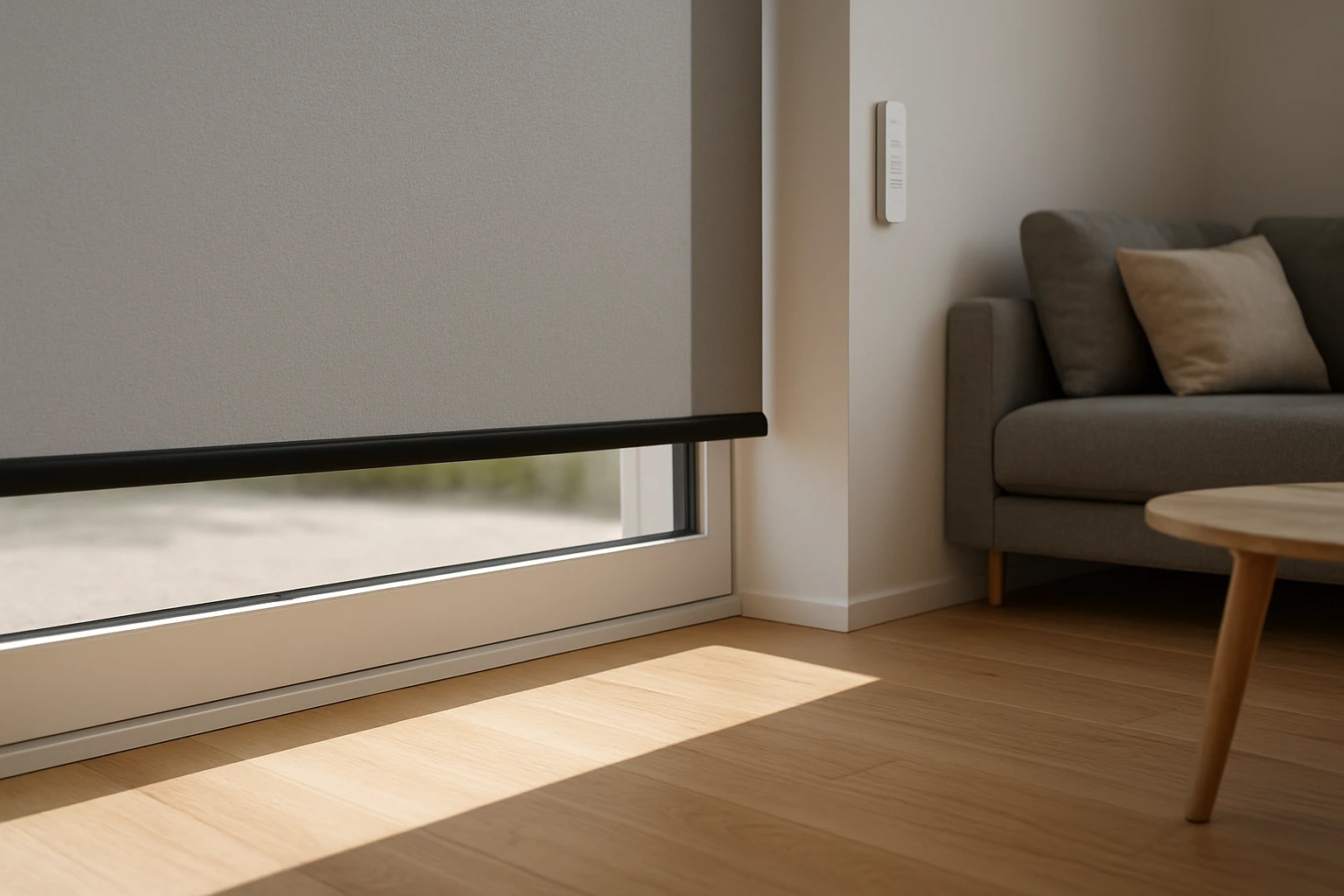 Roller blinds half lowered in living room