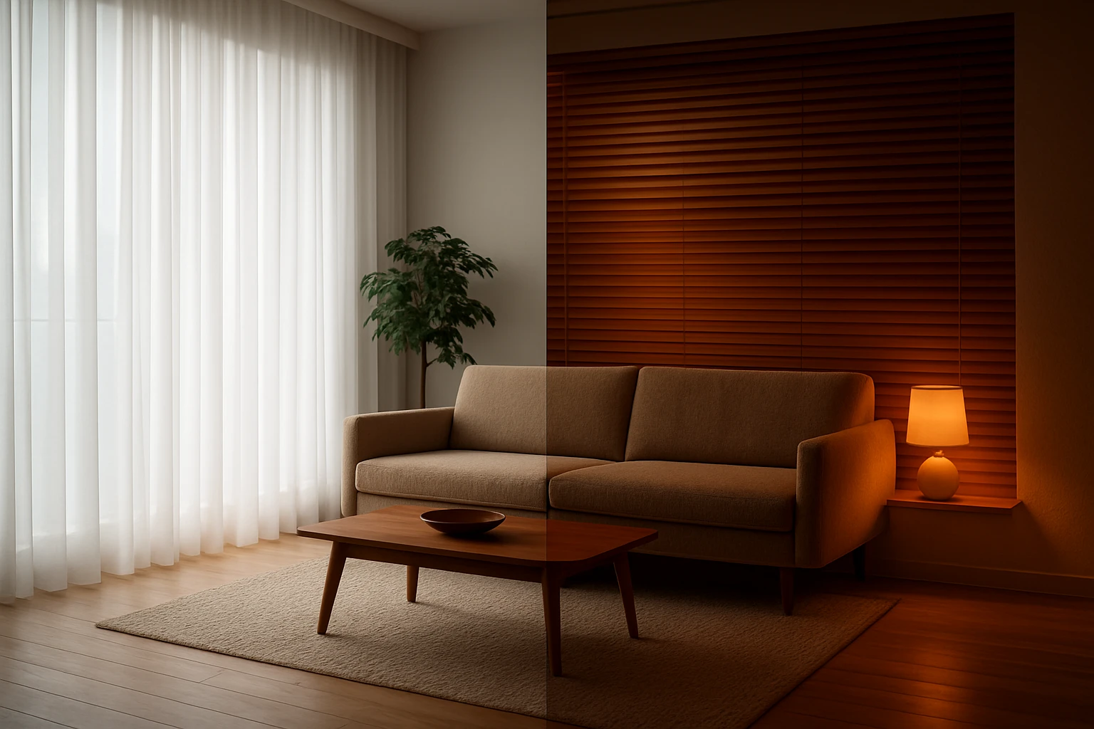 Sheer curtains and wooden blinds
