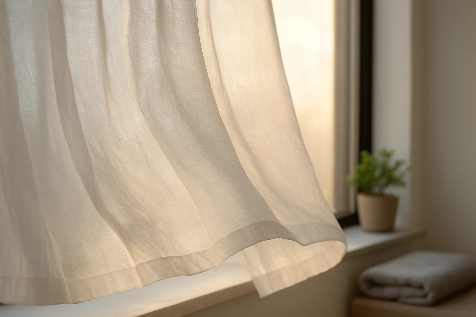 Sheer curtains billowing in sunlit living room