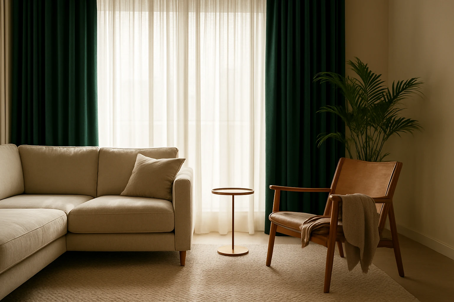 Sheer curtains layered with velvet drapes