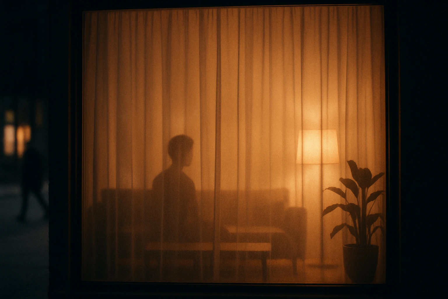 Sheer curtains showing silhouettes at night