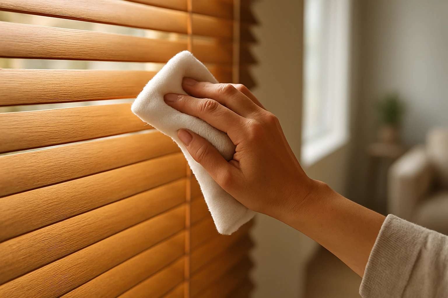 Wooden blinds being dusted