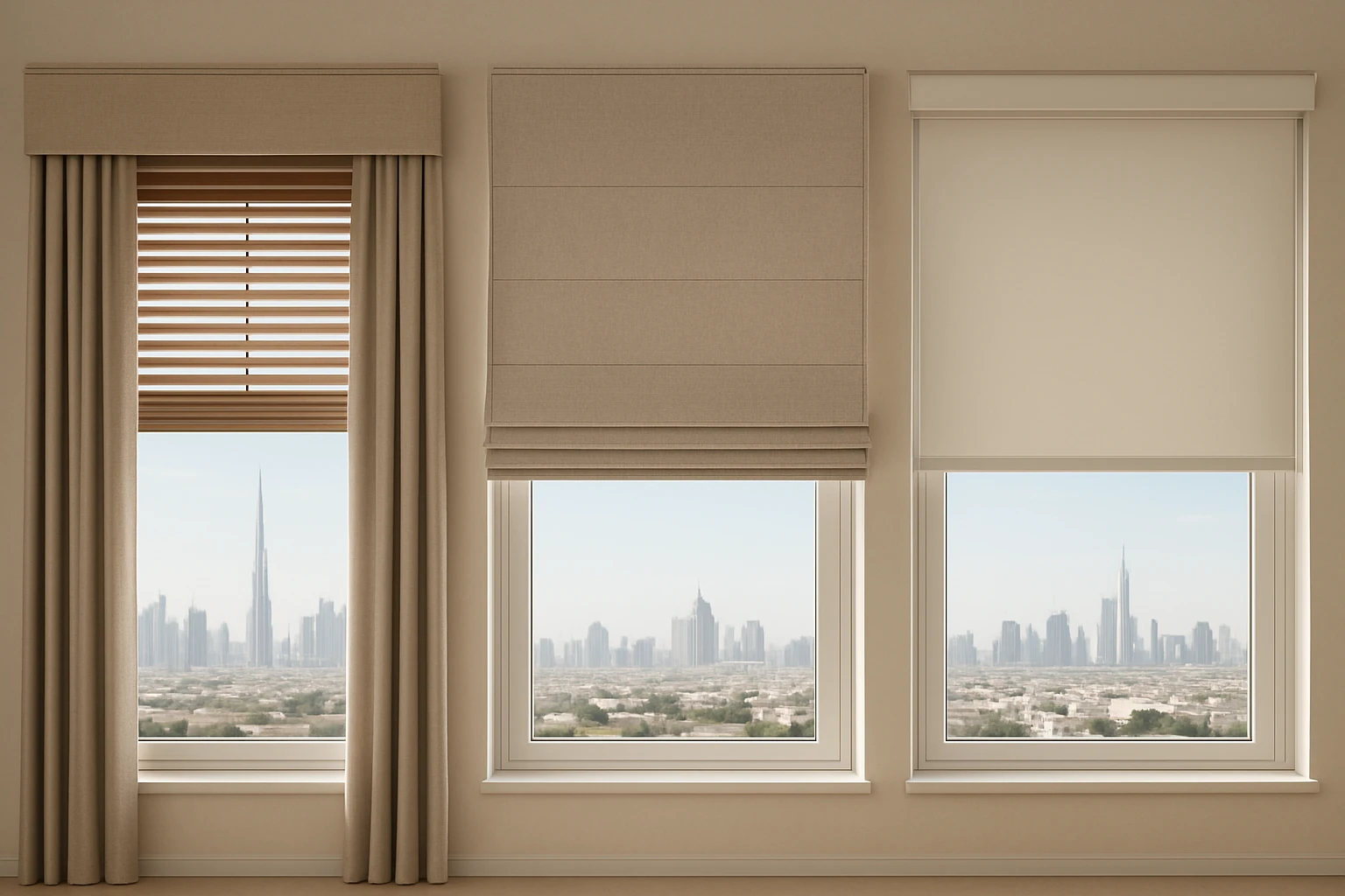 Wooden Venetian Roman and roller blinds
